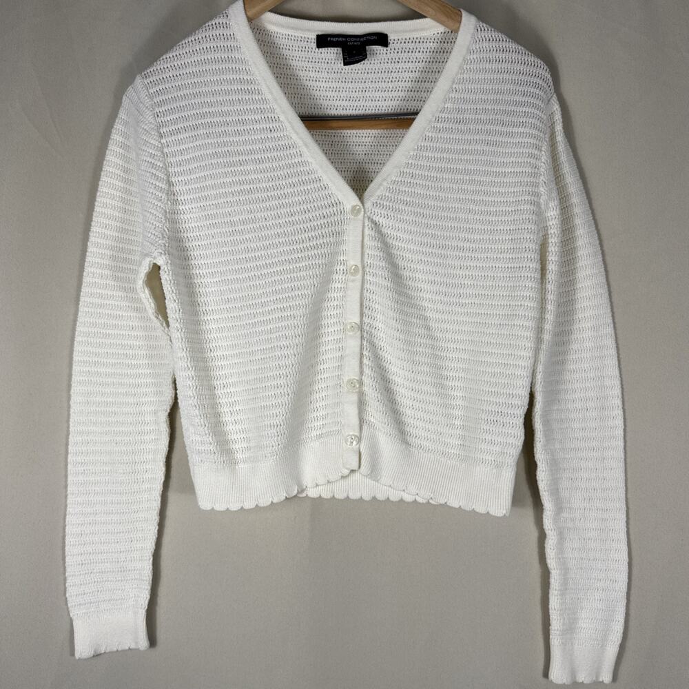 French Connection Open Knit Cardigan Button Front Coastal Preppy Cream Women’s S